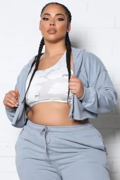 Fashion Nova Training Crop Full Zip Hoodie - Slate Blue