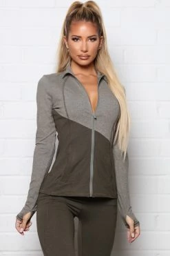 Fashion Nova Jump To It Active Zip Jacket In Power Flex - Heather Olive Activewear Tops