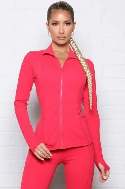 Fashion Nova Steady Active Full Zip Jacket In Power Flex - Red Activewear Tops