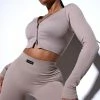 Fashion Nova Effortless Chandra Ribbed Seamless Crop Jacket - Taupe Activewear Tops