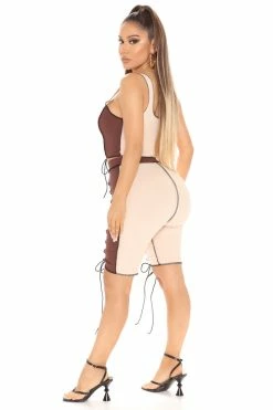 Fashion Nova Fool Me Once Patchwork Biker Short - Brown/combo Biker Shorts