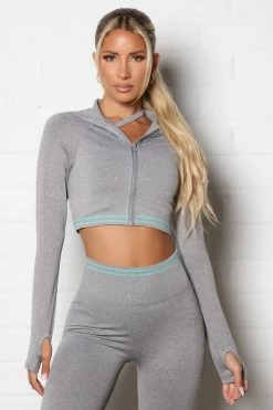 Fashion Nova Cross The Line Active Crop Jacket In Infinity Seamless - Grey/combo Activewear Tops