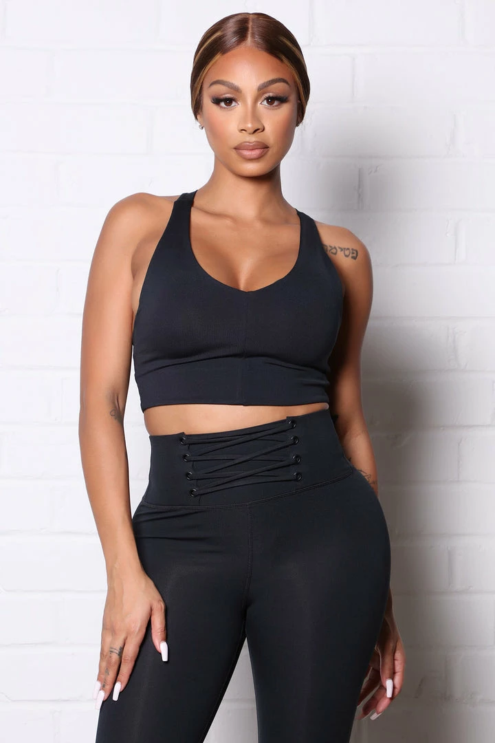 Fashion Nova Activewear Tops Flaunt It Active Compression Lace Up Crop Tank - Black