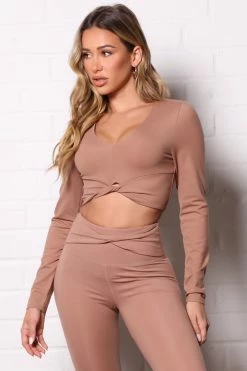Fashion Nova Go For It Super Soft Active Long Sleeve Crop Top - Camel Activewear Tops