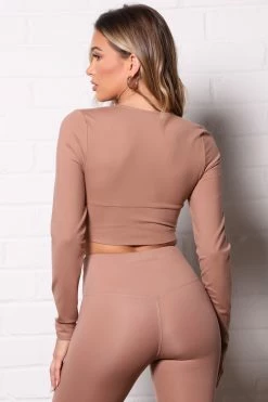 Fashion Nova Go For It Super Soft Active Long Sleeve Crop Top - Camel Activewear Tops