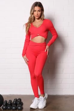 Fashion Nova Go For It Super Soft Active Long Sleeve Crop Top - Red Activewear Tops